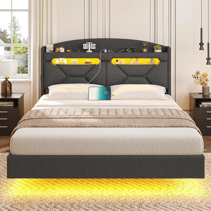 King Size Bed Frame with Storage Headboard and LED Lights,Upholstered Platform Bed with USB Port Charging,Headboard with Shelves Hidden Storage,Noise-Free,Dark Grey