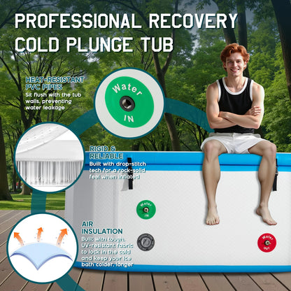 Jocisland Inflatable Cold Plunge Tub for Athletes, Ice Bath Tub with Insulated Lid Non-Slip Mat, Water Chiller Compatible, Portable for Outdoor & Indoor Recovery, 150 Gal, 59"L x 32"W x 28"H