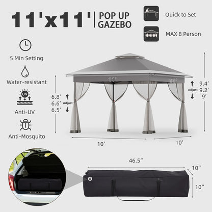 Bezseller 11x11 Pop up Gazebo, Outdoor Waterproof Canopy Tent with Mosquito Netting for Outdoors, Khaki