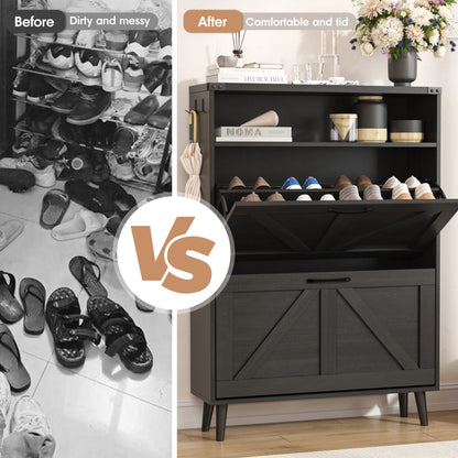 Veanerwood Shoe Cabinet with 2 Flip Drawers Farmhouse Shoe Storage Cabinet Organizer for Entryway, Gray