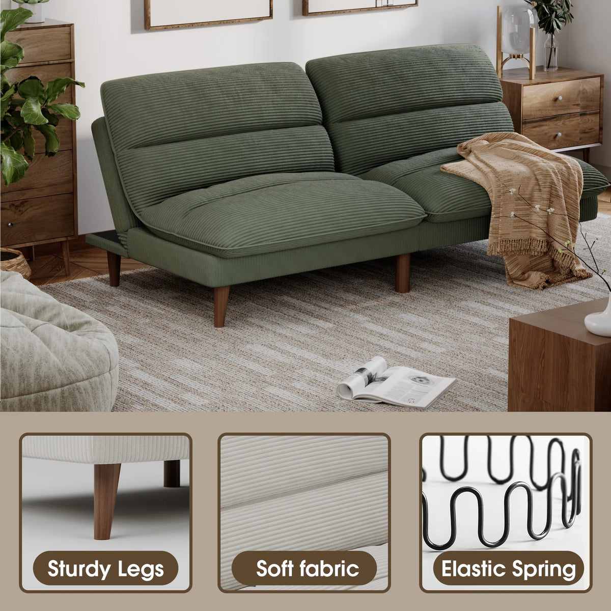 Homall Futon sofa, Two Seat Adjustable Sofa, Corduroy Fabric, Upholstered Sofa, Sofa Changeable into Bed, Leisure Reading and Games, Green