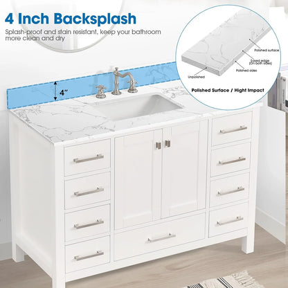 36x22 Engineered Stone Vanity Sink Top, White Bathroom Countertop with Undermount Left Sink, Vanity Top with 8 inch 3 Faucet Hole Spacing and Backsplash
