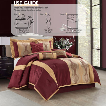 Lanco Elegant Black and Gold Comforter Set,Striped, 7 Pieces Jacquard Bedding Sets with Comforter for All Season, Bed Skirt, Pillows & Shams, Queen Size, Lightweight Microfiber
