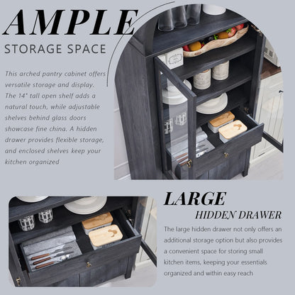 SinCiDo Arched Kitchen Pantry Storage Cabinet, 71-Inch Tall Wood Adjustable Shelves, 2 Doors, 2 Drawers