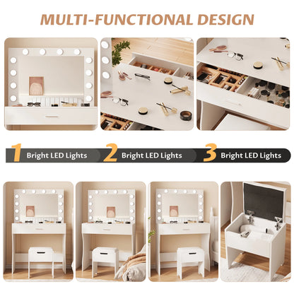 Vanity Table Set with Lighted Mirror,Makeup Vanity with Lights, Large Drawer Sturdy Wood Vanity, White