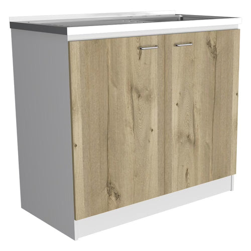 Depot E-Shop Salento Freestanding Sink With Double Door Cabinet, 2 Shelves, White/Light Oak