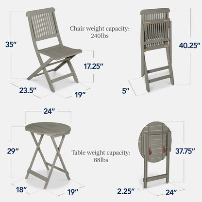 Best Choice Products 3-Piece Acacia Wood Bistro Set, Folding Patio Furniture w/ 2 Chairs, Table - Natural