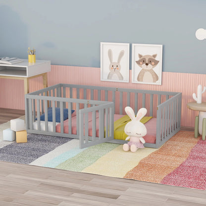 Wood Floor Bed with Fence and Door for Kids, Twin, Gray