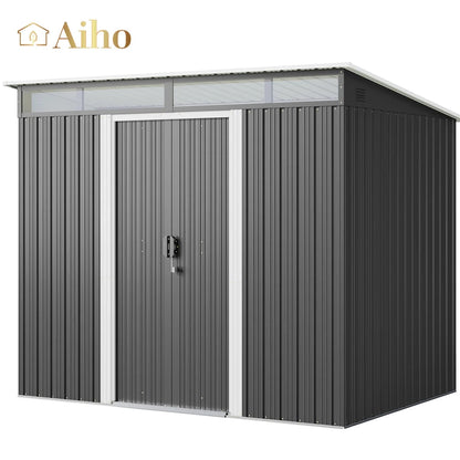Aiho 8x6 FT Metal Storage Shed, Sheds & Outdoor Storage with Sliding Doors, Galvanized Steel Garden Shed for Bike Storage, Tool Storag - Gray