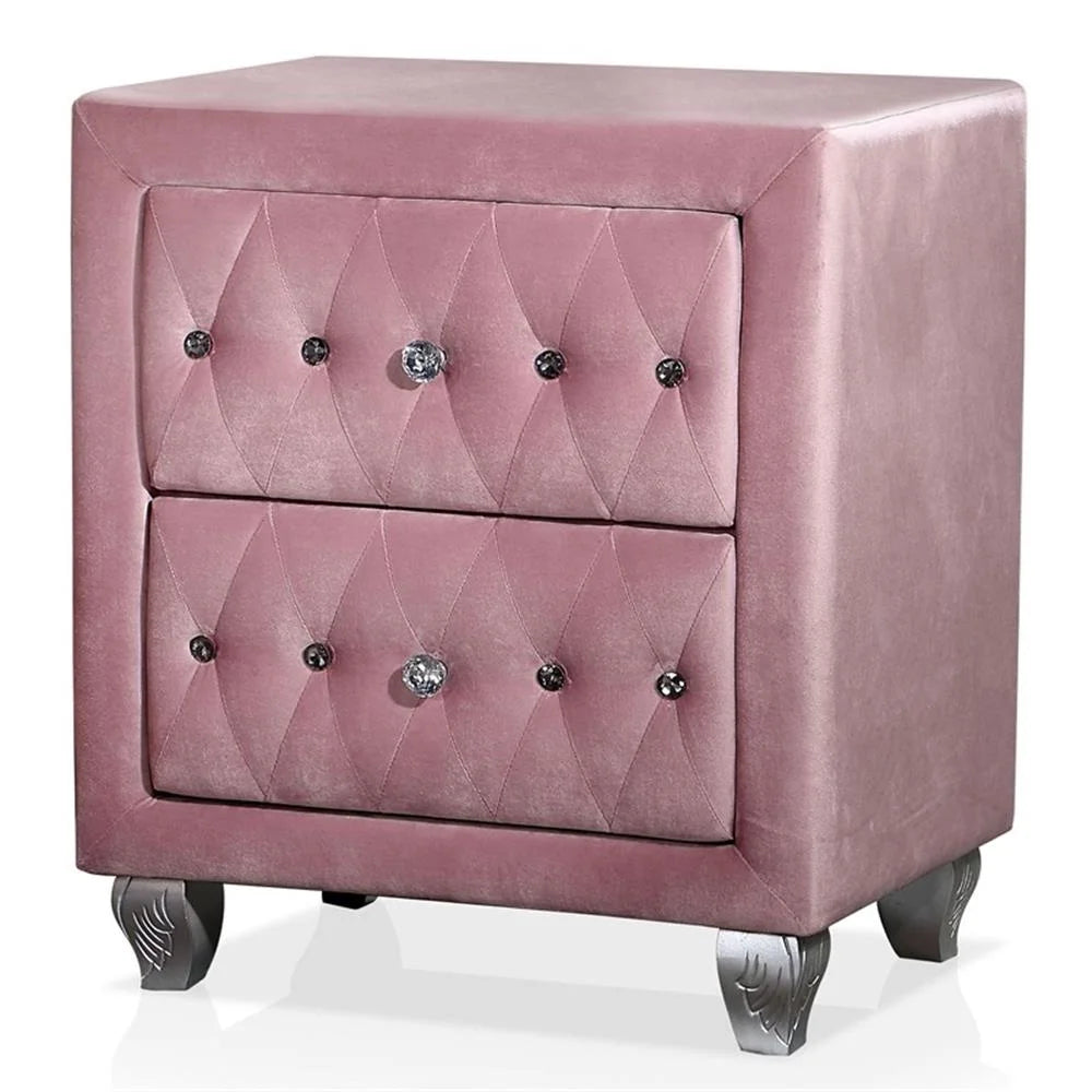 FOA Cyndi 3pc Pink Fabric Bedroom Set- Full + 2 Nightstands and Care Kit