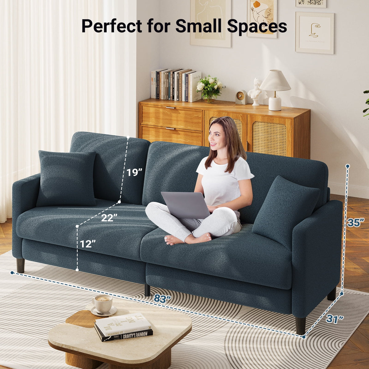 83" Comfortable Upholstered Sofa, 3 Seater Couch for Living Room, Neche Big Loveseat with Extra Deep Seats , 2 Pillows, Beige White