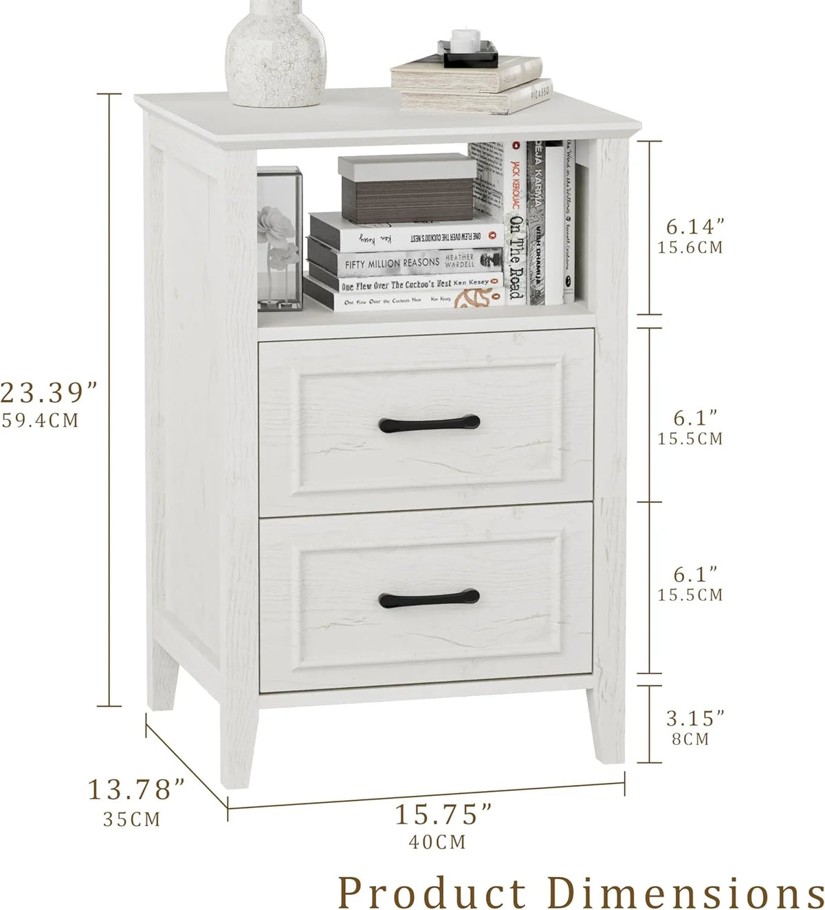 ANHDAH Nightstand Set of 2, Modern End Table with 2 Drawers and Open Shelf, 23.6 Inch High Bedside Table with Storage