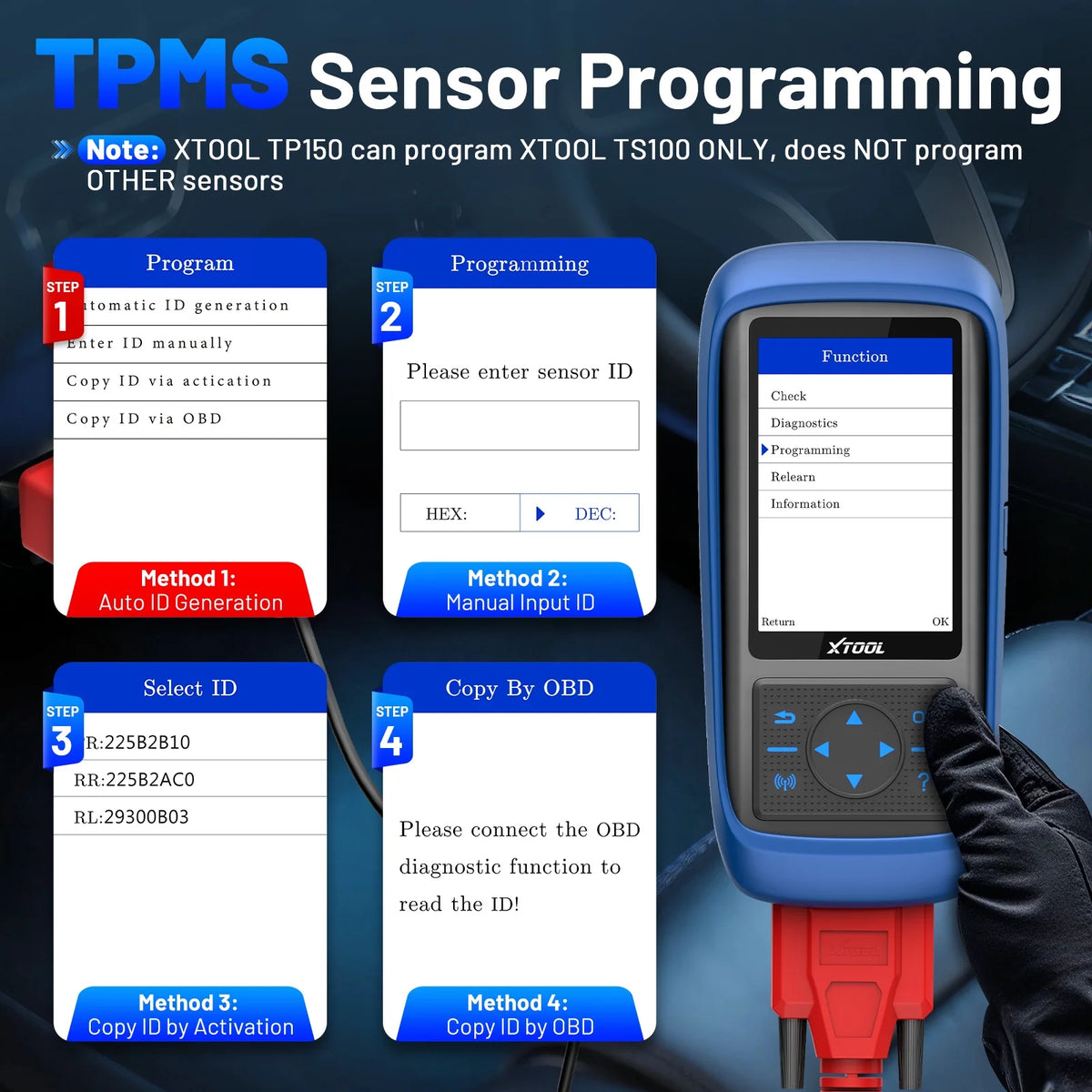 XTOOL TP150 TPMS Pr0gramming Tool, TPMS Relearn Tool, Activate/Relearn All Known TPMS Sensors (315/ 433MHz), Program XTOOL TS100 Sensors, TPMS Reset Diagnosis Tool