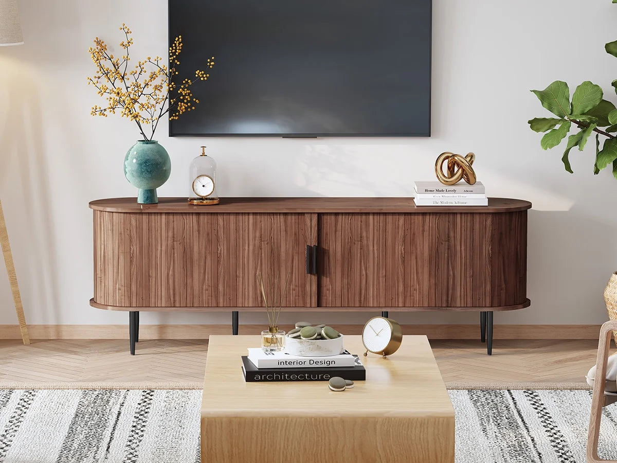 HLR 70" Mid Century TV Stand With Tambour Door For TVs Up To 80", Entertainment Center With Storage, Brown