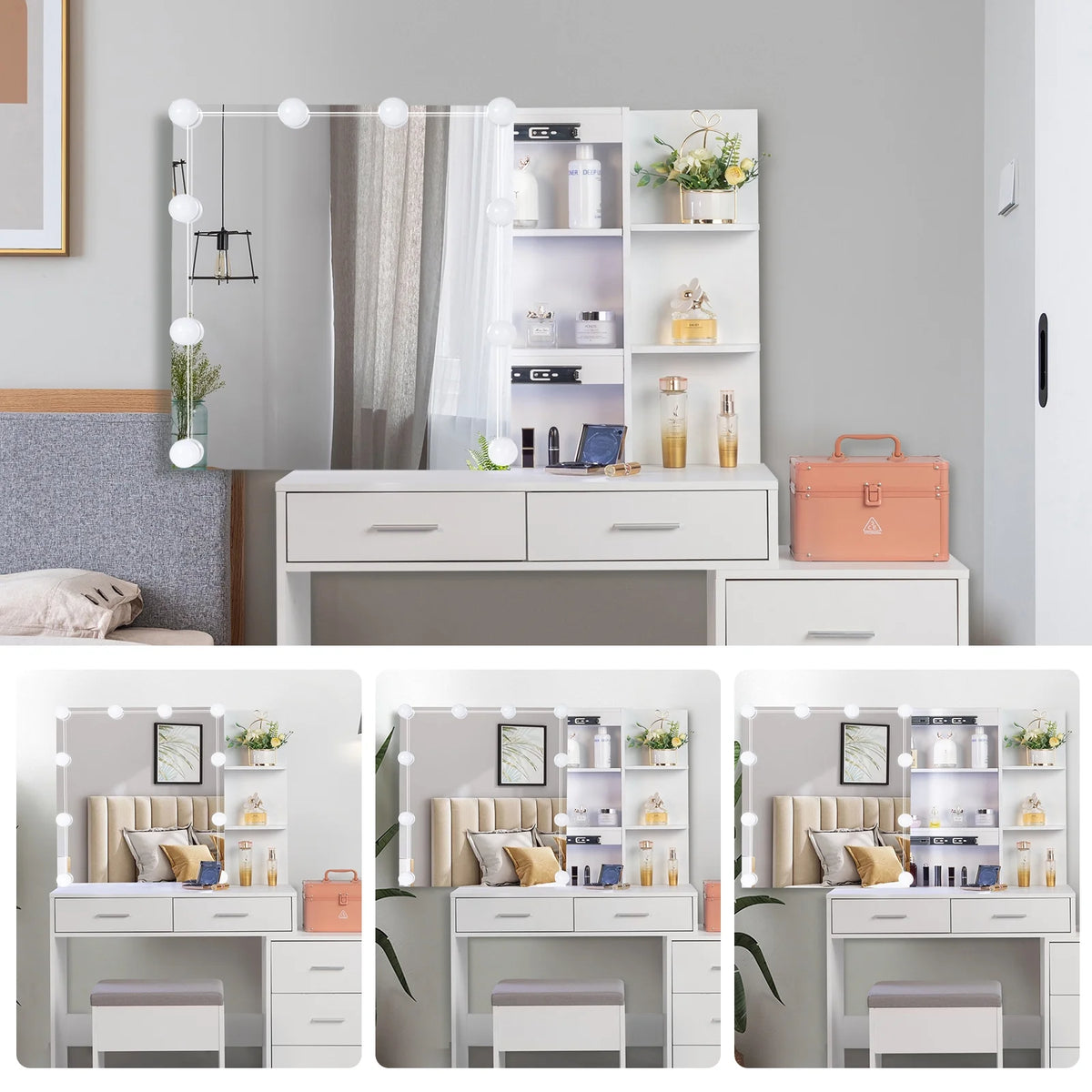 Ktaxon Flutted Makeup Vanity Table Set with 5 Drawer, Dressing Table w/Charging Station, Vanity Desk for Femal Gift, White