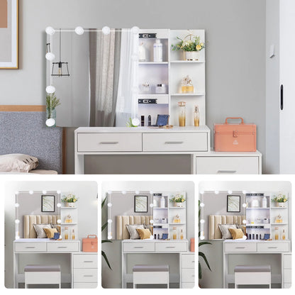 Ktaxon Flutted Makeup Vanity Table Set with 5 Drawer, Dressing Table w/Charging Station, Vanity Desk for Femal Gift, White