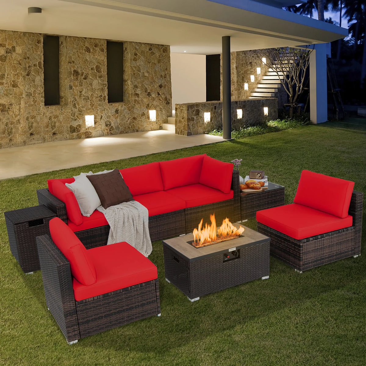 Costway 8PCS Patio Rattan Furniture Set Fire Pit Table Tank Holder Cover Deck Black