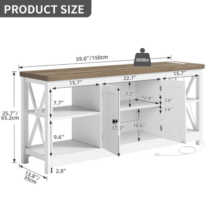 Dextrus White TV Stand up to 65 Inches w/Power Outlets, Farmhouse Entertainment Center Cabinet with Storage for Living Room