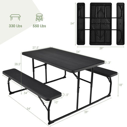Costway Indoor & Outdoor Folding Picnic Table Bench Set w/ Wood-like Texture Grey