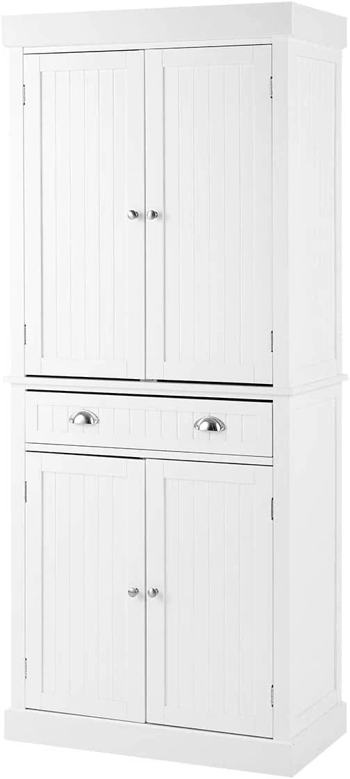 Yoleny Kitchen Pantry, 72” Freestanding Storage Cabinets with Doors and Shelves, Elegant Colonial Design Cabinet Cupboard, White