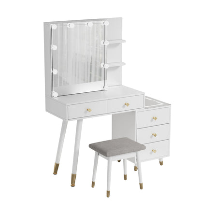 Kadyn Vanity Desk with Lighted Mirror, Vanity Table and Chair Set with 2 Drawers, Dressing Table Makeup Desk with 1 Door, Retro Gray