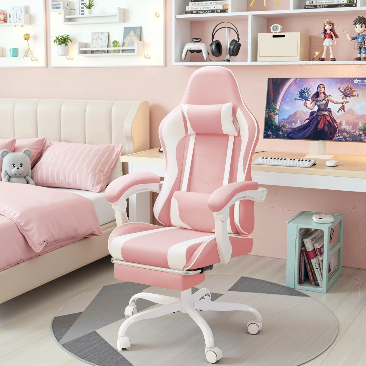 Lacoo PU Leather Gaming Chair Massage Ergonomic Gamer Chair Height Adjustable Computer Chair with Footrest & Lumbar Support, White