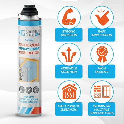 Adhesive Guru Spray Foam Insulation Kit (18 x 32.80 oz/930 gr - 360 Board feet), Self-Expanding Adhesive Foam, Closed Cell Heat Insulation & Acustic Spray with Cleaner and Dispensing Gun- 18 Pack