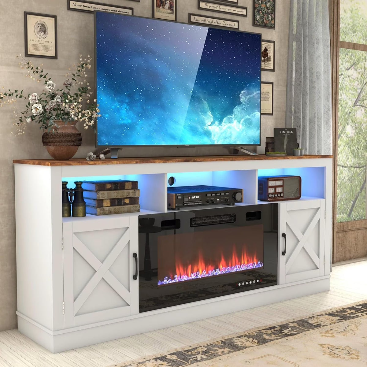 ChVans 70" Fireplace TV Stand for TVs up to 80" with 36" Electric Fireplace, Farmhouse Entertainment Center with LED, Wooden Media Console for Living Room, Bedroom