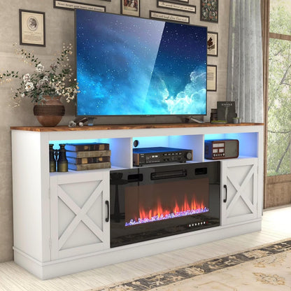 ChVans 70" Fireplace TV Stand for TVs up to 80" with 36" Electric Fireplace, Farmhouse Entertainment Center with LED, Wooden Media Console for Living Room, Bedroom