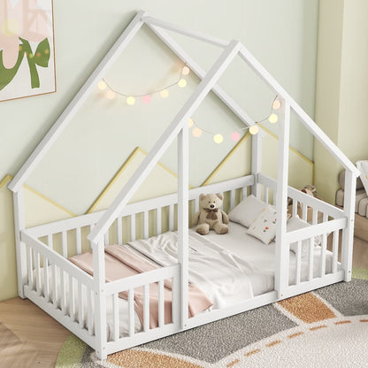 Bellemave Twin Size Floor Bed Frame, Wooden House Bed Twin Size with Fence, Montessori Bed with Guardrails for Bedroom (White)
