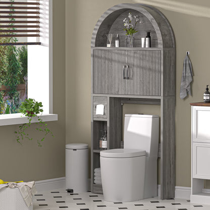 HARIPUL Over The Toilet Storage Cabinet w/ Unique Wood Grain & Arc Design, Freestanding Bathroom Shelf Organizer Space Saver w/ Doors & Anti-Tip Device, Wood Color