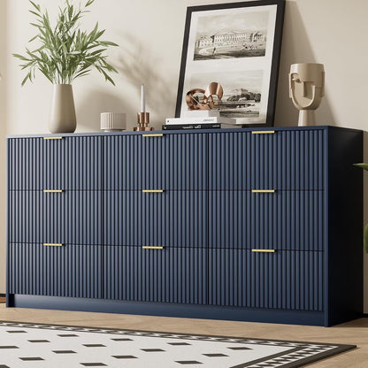 Furniway Fluted Large 9-Drawer Black Dresser