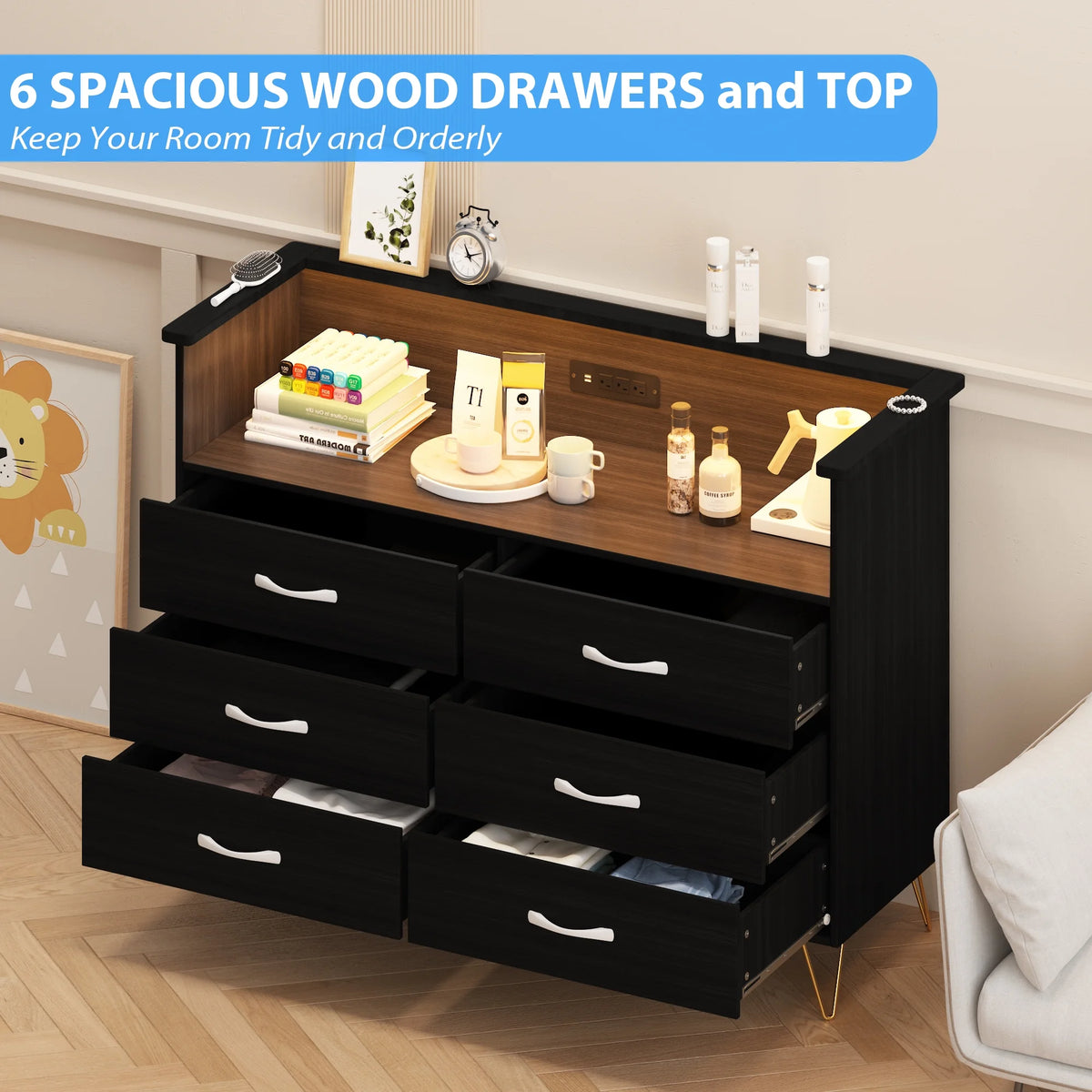Homhougo Dresser for Bedroom 6 Drawer with LED Light & Charging Station, Wooden Dressers and Chests of Drawers with 2-Tier Open Shelves, Wide Dresser Organizer for Living Room Hallway Entryway, Pink