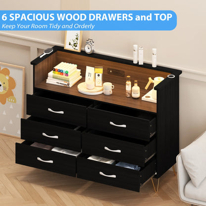 Homhougo Dresser for Bedroom 6 Drawer with LED Light & Charging Station, Wooden Dressers and Chests of Drawers with 2-Tier Open Shelves, Wide Dresser Organizer for Living Room Hallway Entryway, Pink