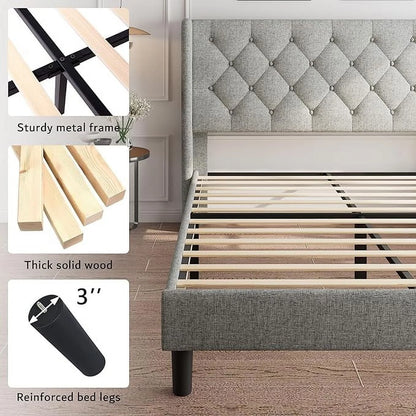 iPormis Full Size Bed Frame with Diamond Button Tufted Wingback Headboard, Upholstered Platform Bed Frame with Strong Wood Slat Support, No Box Spring Needed,Black