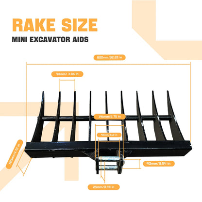 MachPro Mini Excavator Rake, 31'' Mini Excavator Attachments, 9 Tooth Wide Backhoe Digger Accessories Rake Use for Land Clearing, Debris Removing
