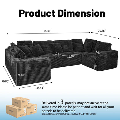 SOULART 135.5 Modular Customizable/L/U-Shape Sofa,Dark Grey Boneless Sectional Couch -  6-Seater Corduroy Couchfor Living Room Furniture
