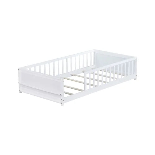 Bellemave Twin Size Floor Bed with Fence, Montessori Floor Twin Bed with Built-in Book Rack, Solid Wood Twin Bed with Slats and Safety Guardrails, Natural