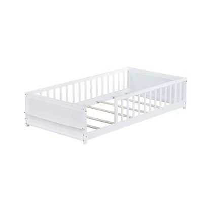 Bellemave Twin Size Floor Bed with Fence, Montessori Floor Twin Bed with Built-in Book Rack, Solid Wood Twin Bed with Slats and Safety Guardrails, Natural