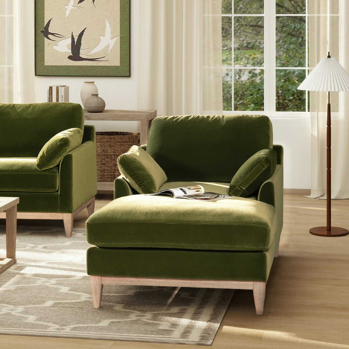 Velvet Sofa Couch, Mid Century Modern 75.5 inch 3-Seater Sofa with Back Cushions and 2 Bolster Pillows, for Small Space,Bedroom, Apartment, Olive Green