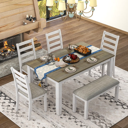 Rustic Dining table Set for 6, Wooden Rectangular Kitchen Dining Table with 4 Upholstered Dining Chairs and 1 Padded Bench, Dining Set with 4 Chairs, Dining Set for 6, Brown+Whitewash