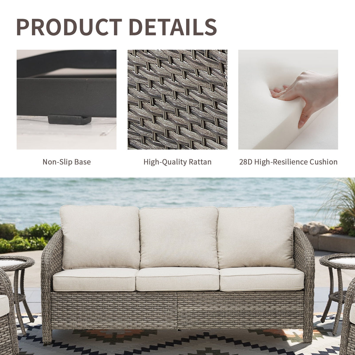 3-Seat Patio Wicker Sofa Outdoor Rattan Couch Furniture Steel Frame with Beige cushion&Waterproof Cover, Gray