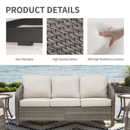 3-Seat Patio Wicker Sofa Outdoor Rattan Couch Furniture Steel Frame with Beige cushion&Waterproof Cover, Gray