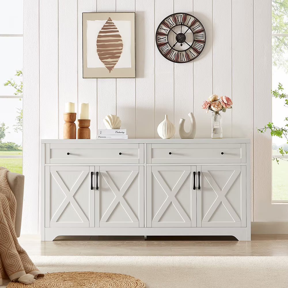 TrumanPick 61"H Large Buffet Sideboard Cabinet, TV Cabinet, Kitchen Pantry for Dining Room, Living Room, 61.3''L x 15''W x 29.8''H, White/Walnut