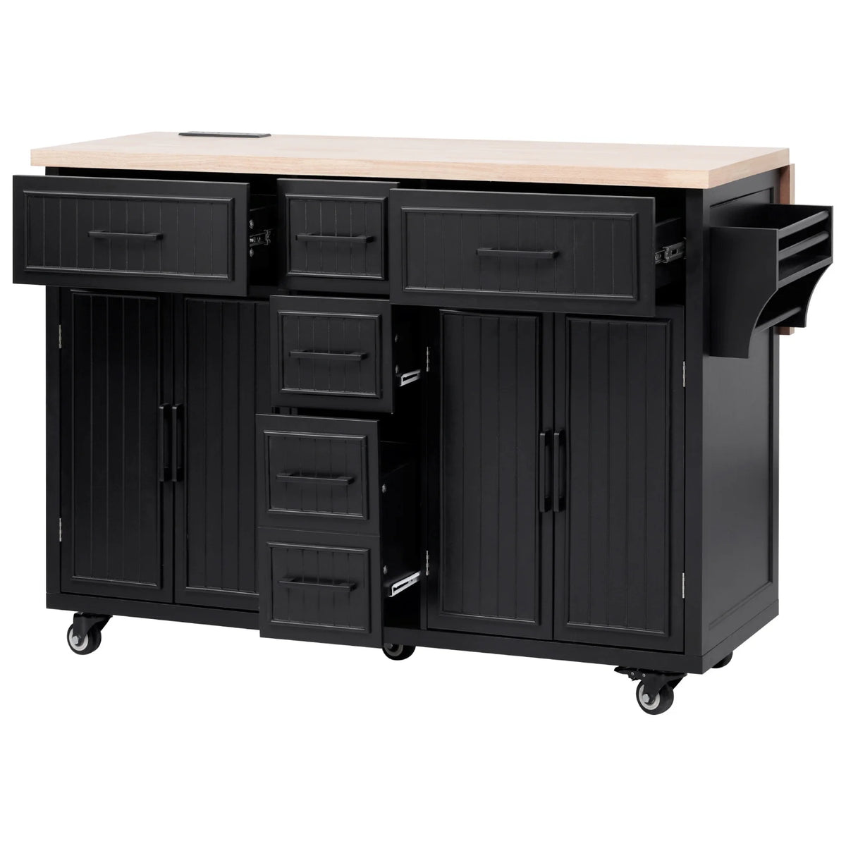 Kitchen Island with Storage, Rolling Kitchen Island on Wheels with Charging Station, Kitchen Cart Island Table with Drop Leaf, Drawers, Cabinets, Spice Rack, Towel Rack, Black