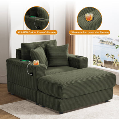 Wiilayok Oversized Lounge Chair Indoor,54" Corduroy Cloud Chaise Lounge Couch Indoor with Ottoman,Cup Holder for Living Room,Bedroom,Beige
