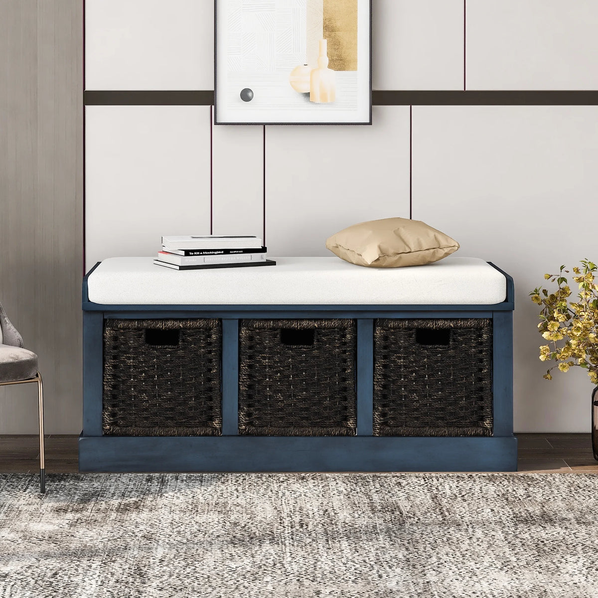 Entryway Storage Bench with 3 Woven Baskets and Removable Cushion, Entry Hallway Foyer Shoe Bench End of Bed Bench, Fully Assembled, 41.3" L x 15.7" W x 17" H (White&nbsp;Washed)