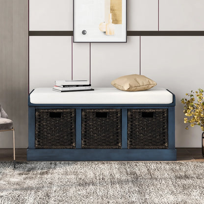 Entryway Storage Bench with 3 Woven Baskets and Removable Cushion, Entry Hallway Foyer Shoe Bench End of Bed Bench, Fully Assembled, 41.3" L x 15.7" W x 17" H (White&nbsp;Washed)