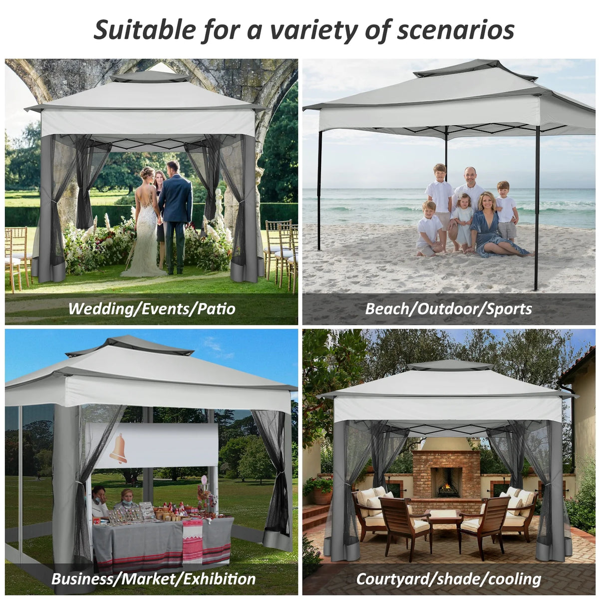COBIZI 12x12 Outdoor Gazebo Pop Up Gazebo Canopy with Mosquito Netting Patio Tent Backyard Canopy with 2-Tiered Vented Top 3 Adjustable Height, Beige