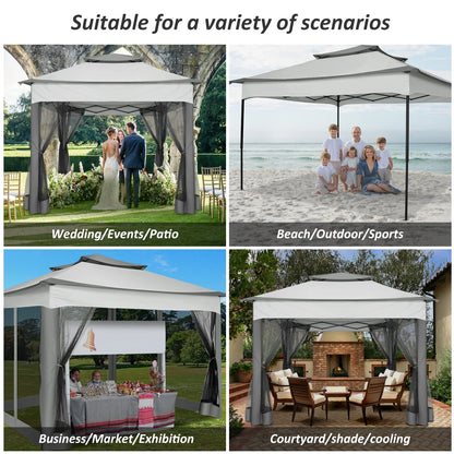 COBIZI 12x12 Outdoor Gazebo Pop Up Gazebo Canopy with Mosquito Netting Patio Tent Backyard Canopy with 2-Tiered Vented Top 3 Adjustable Height, Beige